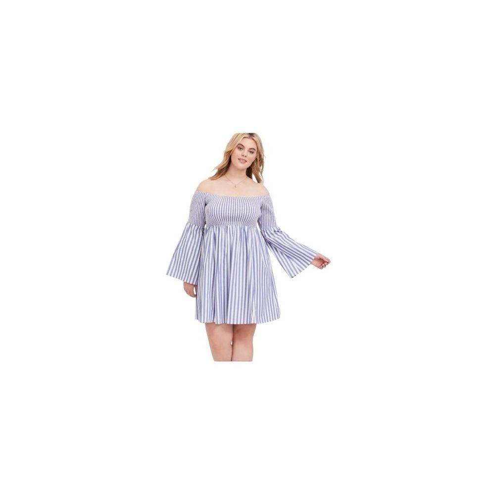 Torrid Blue Stripe Smocked Off Shoulder Dress Size 1 Cotton EUC